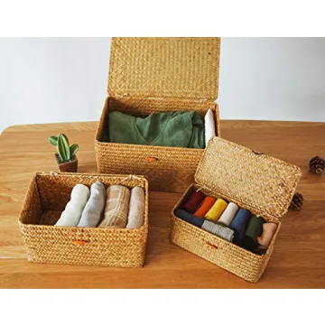 Yesland Shelf Baskets with Lid Set of 3, Handwoven Seagrass Storage Bins Box Rectangular Seagrass Basket Storage Organizer Wicker Basket for Shelf