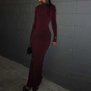 Womens Sexy Dress Maxi Dress Long Sleeve Ruched Bodycon Turtleneck Club Party Dress Long Casual Wedding Dresses (Red,Medium)