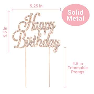 Happy Birthday Cake Topper - Premium Rose Gold Metal - Happy Birthday Party Sparkly Rhinestone Decoration Makes a Great Centerpiece - Now Protected in a Box