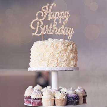 Happy Birthday Cake Topper - Premium Rose Gold Metal - Happy Birthday Party Sparkly Rhinestone Decoration Makes a Great Centerpiece - Now Protected in a Box