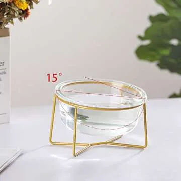 Small Glass Tilted Elevated Cat Dog Bowl Raised Cat Food Water Bowl Dish Pet Comfort Feeding Bowls with Gold Iron Stand