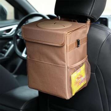 AOKJOY Car Garbage can with lid Leak Proof Vehicle Trash Can 3 Storage Pockets Hanging Waterproof car Trash Bag for SUV Brown