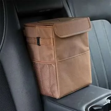 AOKJOY Car Garbage can with lid Leak Proof Vehicle Trash Can 3 Storage Pockets Hanging Waterproof car Trash Bag for SUV Brown