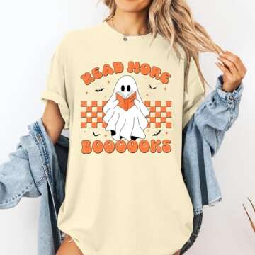 Ghost Reading Books Shirt Womens Cute Halloween Ghost Shirt Halloween Teacher Tshirt Spooky Bookish ...