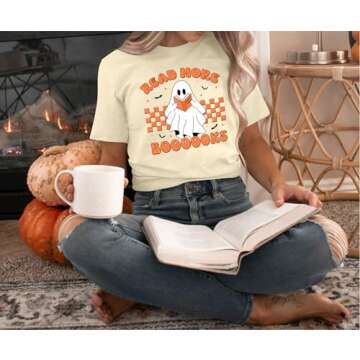 Ghost Reading Books Shirt Womens Cute Halloween Ghost Shirt Halloween Teacher Tshirt Spooky Bookish Shirt Fall Tops(Apricot, Medium)