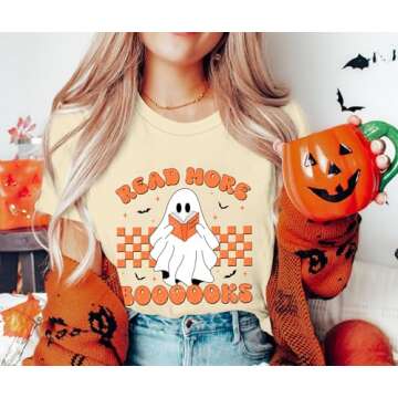 Ghost Reading Books Shirt Womens Cute Halloween Ghost Shirt Halloween Teacher Tshirt Spooky Bookish Shirt Fall Tops(Apricot, Medium)