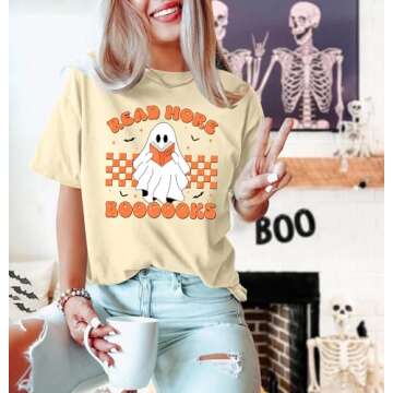 Ghost Reading Books Shirt Womens Cute Halloween Ghost Shirt Halloween Teacher Tshirt Spooky Bookish Shirt Fall Tops(Apricot, Medium)