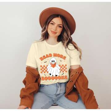 Ghost Reading Books Shirt Womens Cute Halloween Ghost Shirt Halloween Teacher Tshirt Spooky Bookish Shirt Fall Tops(Apricot, Medium)