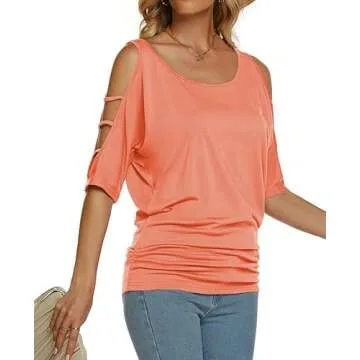 Miselon Ladies Summer Tops Cold Shoulder Shirts 3/4 Sleeve Dolman Tees Coral,XL