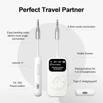SoundSync Pro Bluetooth Transmitter & Receiver for Airplane, Easy Setup Bluetooth Audio Transceiver for 2 BT Devices, Volume Control, RCA for TV