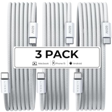LISEN USB C to USB C Fast Charging Cable 60W for iPhone 16, Samsung S24, iPad Pro, 3Pack 6FT White