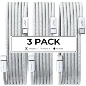 LISEN USB C to USB C Fast Charging Cable 60W for iPhone 16, Samsung S24, iPad Pro, 3Pack 6FT White