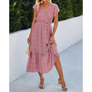 BTFBM Women Summer Bohemian Floral Casual Wrap V Neck Ruffle Cap Sleeveless Belt A-Line Pleated Hem ...