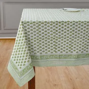 CPC Tablecloth 100% Cotton 70x108 Inch Indian Block Print Rectangle Table Cover, Green Table Cloth for Weddings, Spring/Summer, Barbeque - Emerald Green