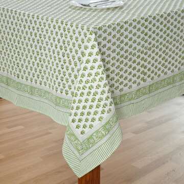 CPC Tablecloth 100% Cotton 70x108 Inch Indian Block Print Rectangle Table Cover, Green Table Cloth for Weddings, Spring/Summer, Barbeque - Emerald Green