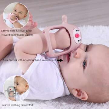 Smily Mia Penguin Buddy Never Drop Silicone Baby Teething Toy for 0-6month nfants, Baby Chew Toys for Sucking Needs, Hand Teether for 3-6Months,Car Seat Toy for Infants, Old Roze