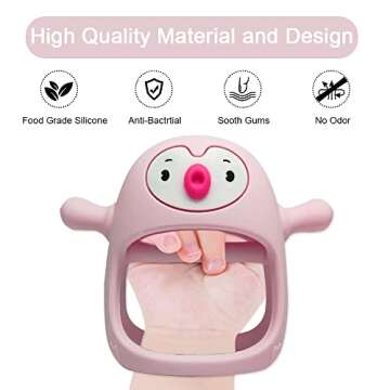 Smily Mia Penguin Buddy Never Drop Silicone Baby Teething Toy for 0-6month nfants, Baby Chew Toys for Sucking Needs, Hand Teether for 3-6Months,Car Seat Toy for Infants, Old Roze