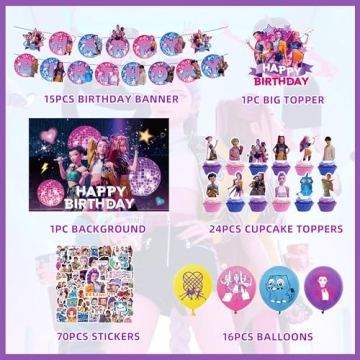 127 Pcs Kpop Demon Hunters Birthday Decorations Set, Party Supplies Set Include Banner, Backdrop, Ba...