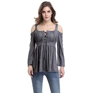MOONCOLOUR Women's Cold Shoulder Lace Up Casual Tunic Solid Blouse Tops, Dark Grey, X-Large
