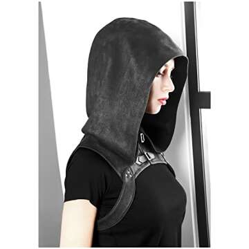 FURPHI Steampunk Rogue Medieval Hooded Cowl Hat Gothic Soft Faux Suede Cape Costume for Men Women (Large, Dark)