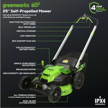 Greenworks 60V 25” Cordless (Self-Propelled) Lawn Mower (LED Lights + Aluminum Handles), 2 x 4.0Ah...
