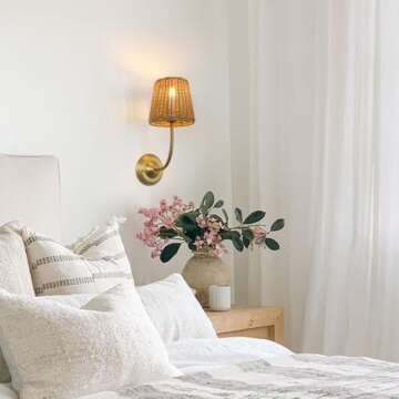 JIMUBEAM 1-Light Modern Sconce Wall Lighting with Imitation Rattan Woven Shade, Rustic Hardwired Boho Wall Lamp Fixture for Bedside Hallway Living Room Bedroom