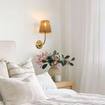 JIMUBEAM 1-Light Modern Sconce Wall Lighting with Imitation Rattan Woven Shade, Rustic Hardwired Boho Wall Lamp Fixture for Bedside Hallway Living Room Bedroom