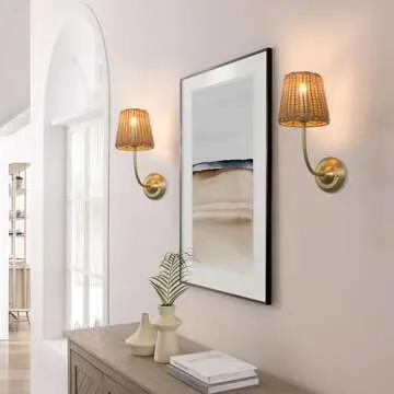 JIMUBEAM 1-Light Modern Sconce Wall Lighting with Imitation Rattan Woven Shade, Rustic Hardwired Boho Wall Lamp Fixture for Bedside Hallway Living Room Bedroom