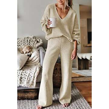 Viottiset Women's 2 Piece Outfits Casual V Neck Knit Wide Leg Sweater Lounge Set Sweatsuit Apricot Medium