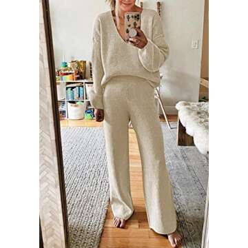 Viottiset Women's 2 Piece Outfits Casual V Neck Knit Wide Leg Sweater Lounge Set Sweatsuit Apricot Medium