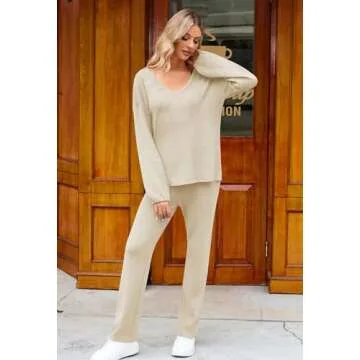 Viottiset Women's 2 Piece Outfits Casual V Neck Knit Wide Leg Sweater Lounge Set Sweatsuit Apricot Medium