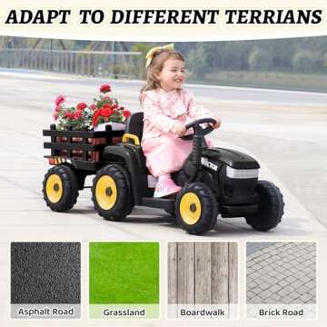 TOBBI Kids Electric Ride On Toy Tractor, 12v Battery-Powered 4 Wheels Ride On Car with Trailer for Toddlers 3-6 Years-Black