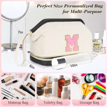 Valentine's Day Gifts Travel Makeup Bag for Women Initial Cosmetic Bag, Large Double Layer Make Up Bag, Wide-open PU Leather Bottom Stuff Bag Personalisation Birthday Gift for Girls Teenagers