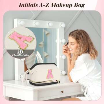 Valentine's Day Gifts Travel Makeup Bag for Women Initial Cosmetic Bag, Large Double Layer Make Up Bag, Wide-open PU Leather Bottom Stuff Bag Personalisation Birthday Gift for Girls Teenagers