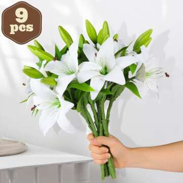 Hananona 9 Pcs Artificial Lily Easter Lily Flowers for Easter, White Flowers Fake Tiger Lily for Spr...