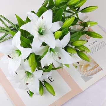 Hananona 9 Pcs Artificial Lily Easter Lily Flowers for Easter, White Flowers Fake Tiger Lily for Spring White Wedding Table Centerpiece Holiday Home Decoration (9, White)