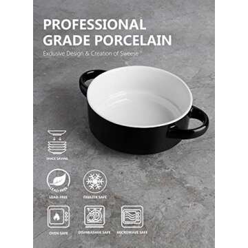 Sweese 108.412 Porcelain Bowls with Handles - 20 Ounce for Soup, Cereal, Stew, Set of 4, Black