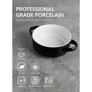Sweese 108.412 Porcelain Bowls with Handles - 20 Ounce for Soup, Cereal, Stew, Set of 4, Black
