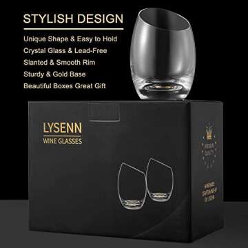 Lysenn Stemless Wine Glasses Set of 2 - Designer Hand Blown Crystal Whiskey Glasses - Unique Gold Base and Tilted Rim Brandy Snifter for Red Wine, Cocktails, Bourbon and Champagne – 10 oz.