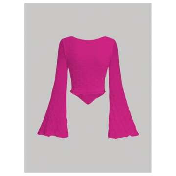 SOLY HUX Women's Long Bell Sleeve Tops Mesh Sweetheart Neck Going Out Crop Top Casual Asymmetrical T Shirts Tees Hot Pink Large