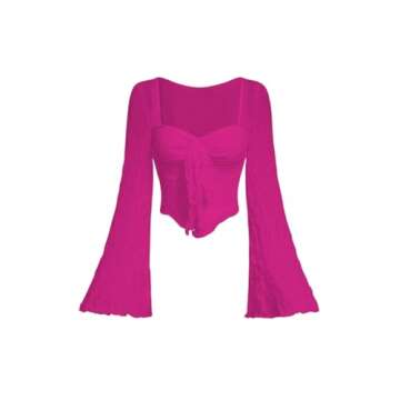 SOLY HUX Women's Long Bell Sleeve Tops Mesh Sweetheart Neck Going Out Crop Top Casual Asymmetrical T Shirts Tees Hot Pink Large