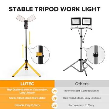 LUTEC 【Upgraded】 6290Pro 9000 Lumen 90 Watt Dual-Head LED Work Light with Telescoping Tripod, Work Light with Stand Rotating Waterproof Lamps and 8 Ft 3-Prong Power Cord