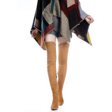 Shoe'N Tale Women Stretch Suede Chunky Heel Over The Knee Boots Thigh High for Women (8.5,Brown)