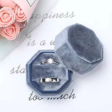 Etercycle Velvet Ring Box, Octagon Gorgeous Vintage Double Jewelry Ring Gift Box with Detachable Lid for Proposal Engagement Wedding Ceremony (Vintage Blue)