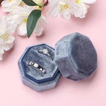 Etercycle Velvet Ring Box, Octagon Gorgeous Vintage Double Jewelry Ring Gift Box with Detachable Lid for Proposal Engagement Wedding Ceremony (Vintage Blue)