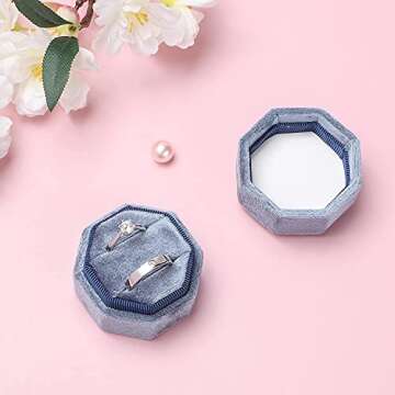 Etercycle Velvet Ring Box, Octagon Gorgeous Vintage Double Jewelry Ring Gift Box with Detachable Lid for Proposal Engagement Wedding Ceremony (Vintage Blue)