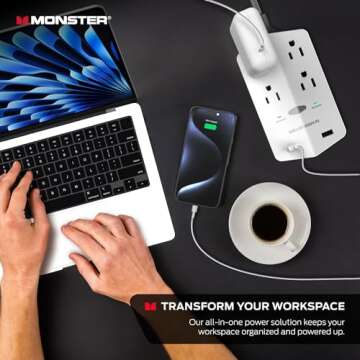 Monster Power Shield XL Surge Protector with Outlet Extender, Multiple Plug Outlet with 4 AC Outlets and 2 USB-A Ports, Reliable Wall Outlet with USB Ports