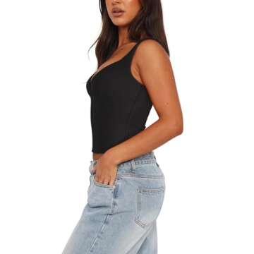REORIA Women's Summer Sexy Deep V Neck Sleeveless Slim Fit Trendy Y2K Corset Cami Crop Tank Tops