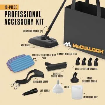 McCulloch MC1270 Portable Power Cleaner with Floor Mop, Variable Steaming, 16-Piece Accessory Set, All-Natural Chemical-Free Cleaning, Black