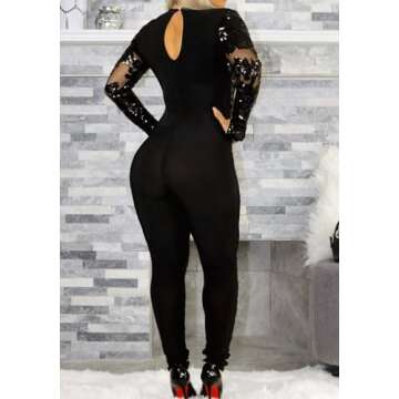 YOOTIKO Women's Sexy Sequin Bodycon Jumpsuit Lace V Neck Long Sleeve Romper Birthday Outfit Clubwear